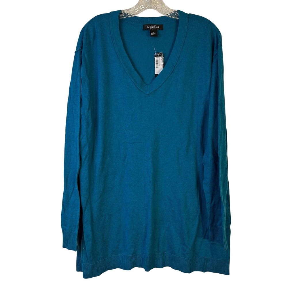 August Silk Womens V-Neck Sweater Ocean Depths Teal Cotton Blend XL NWT